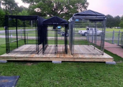 Outdoor steel deck with shed.